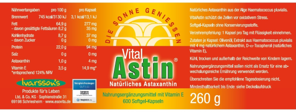 VitalAstin natürliches Astaxanthin mit 600 Kapseln Etikett